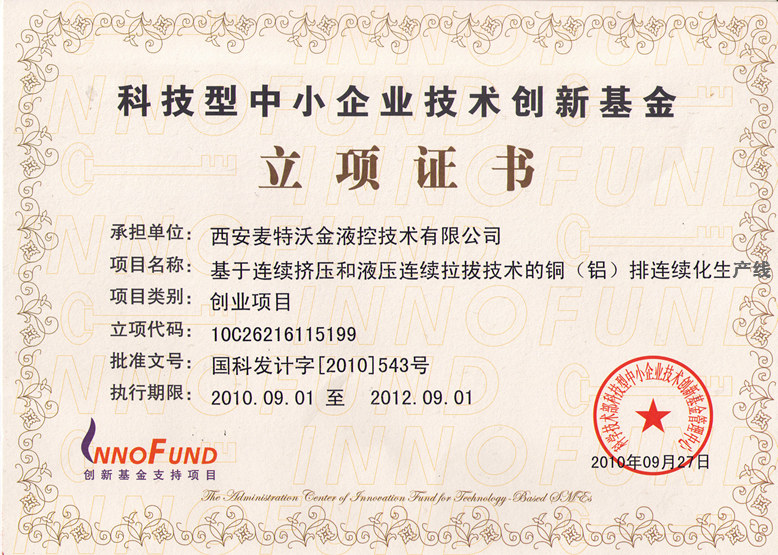 National Innovation fund project certificate